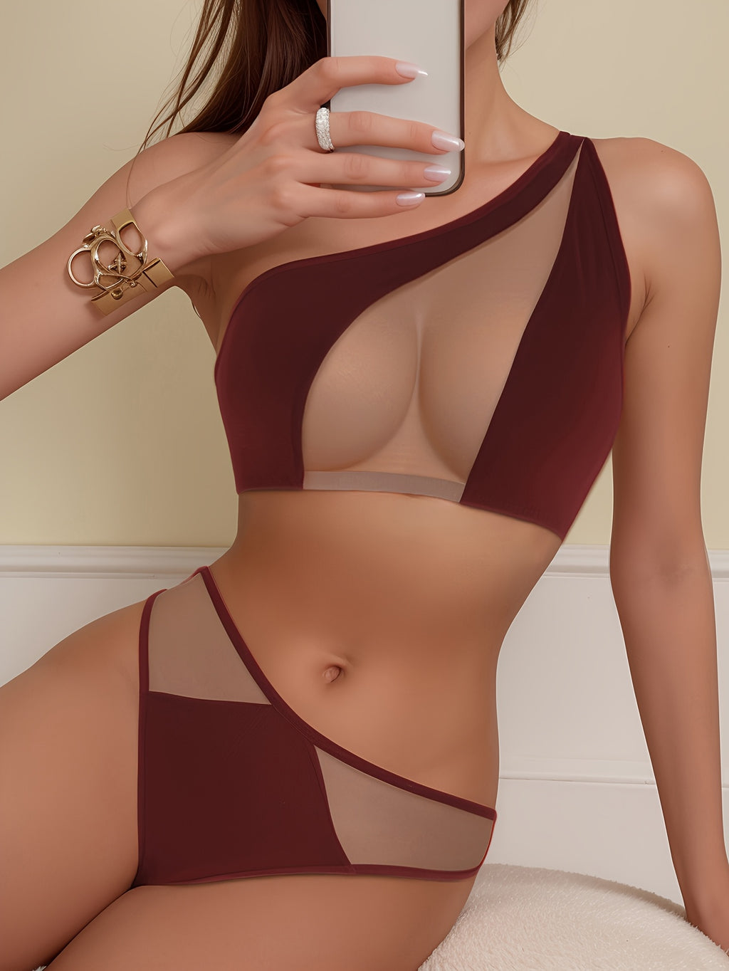 1 set, Women's mesh transparent off-shoulder bra set, matching sexy underwear