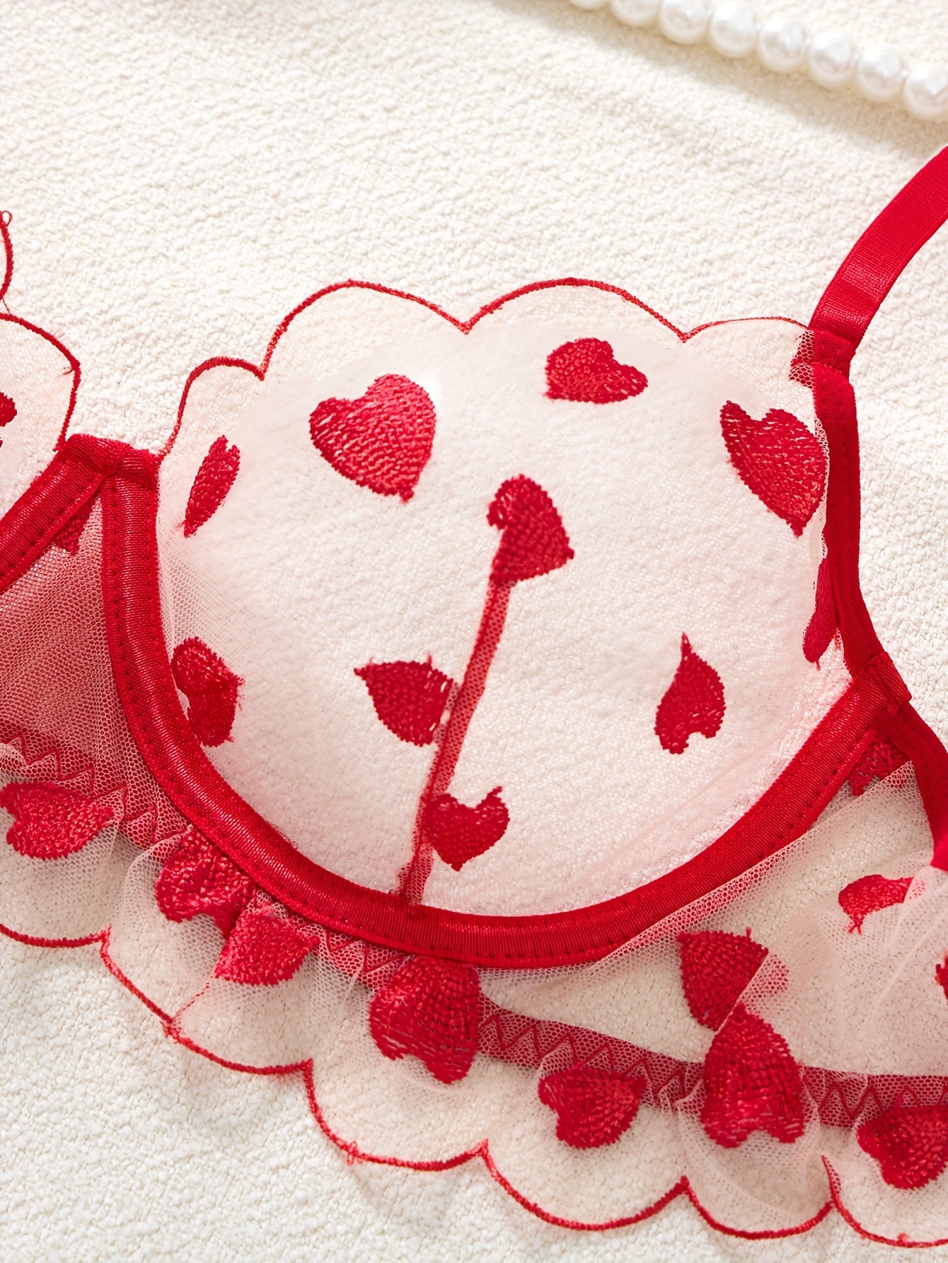 Red Heart Mesh Embroidered Lingerie Set, Sexy Sheer Underwire Bra and Panty Combo, Wavy  Embroidered Lingerie and Panties, Pure and Desirable Style to Showcase Women's Charm Set