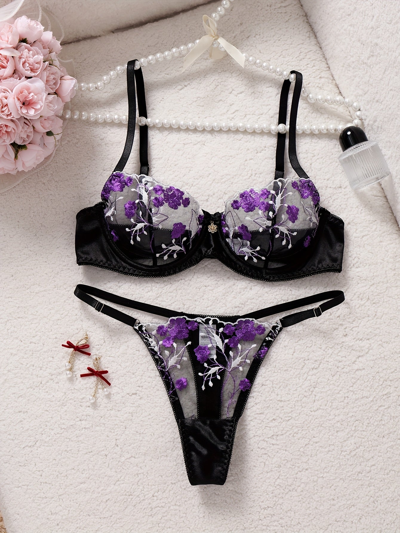 Women's Sheer Thong Lingerie Bikini - Sexy Semi-Transparent Panty & Bra (No Padding) with Contrast Colorblock & Embroidery - Matching Underwear Set for Intimate Occasions