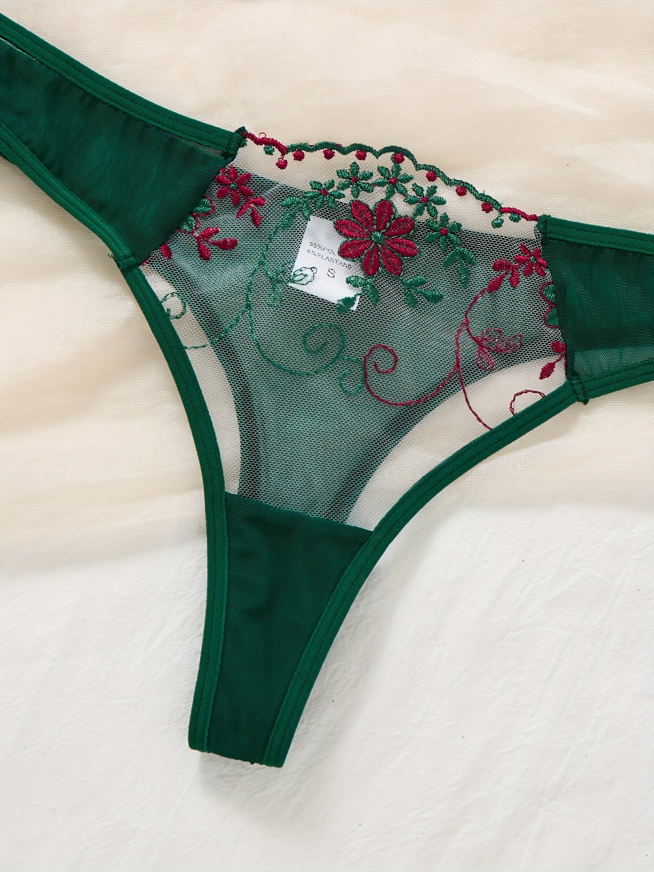 Deep Green Single-Layer Embroidered Sexy Set, Pretty Small Flower Transparent Underwire Bra and Bikini Panties, Medium Support Underwire Push-Up Lingerie and Low-Rise Shorts, Bold Apparel to Boost Women's Mood and Charm