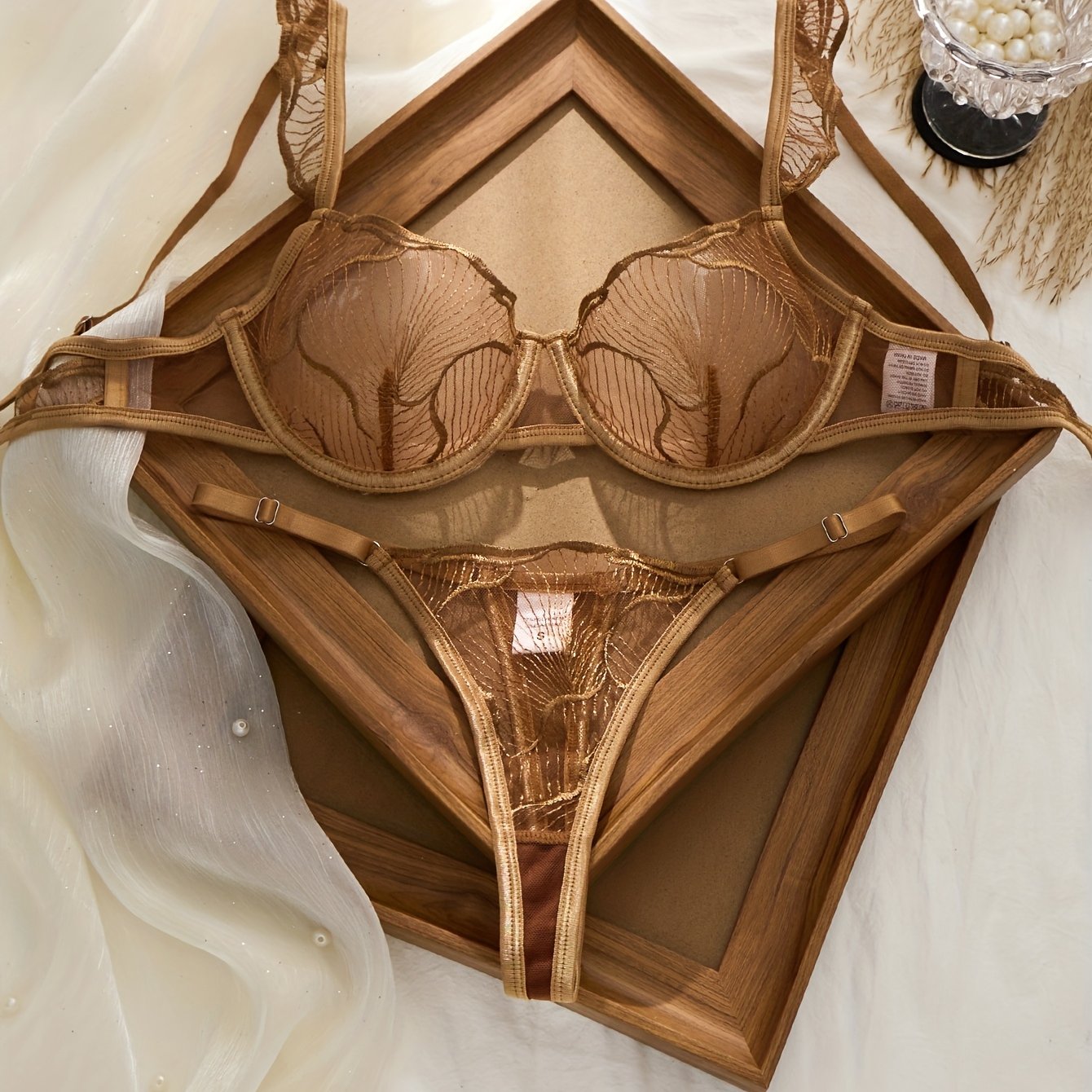 Fashionable and Sexy Embroidered Patterned Sheer Lingerie Set, Showcasing a Woman's Elegant Charm and Passionate, Alluring Figure. The Bra Highlights the Contours of the Bust, Offering a Refined and Seductive Look for Parties
