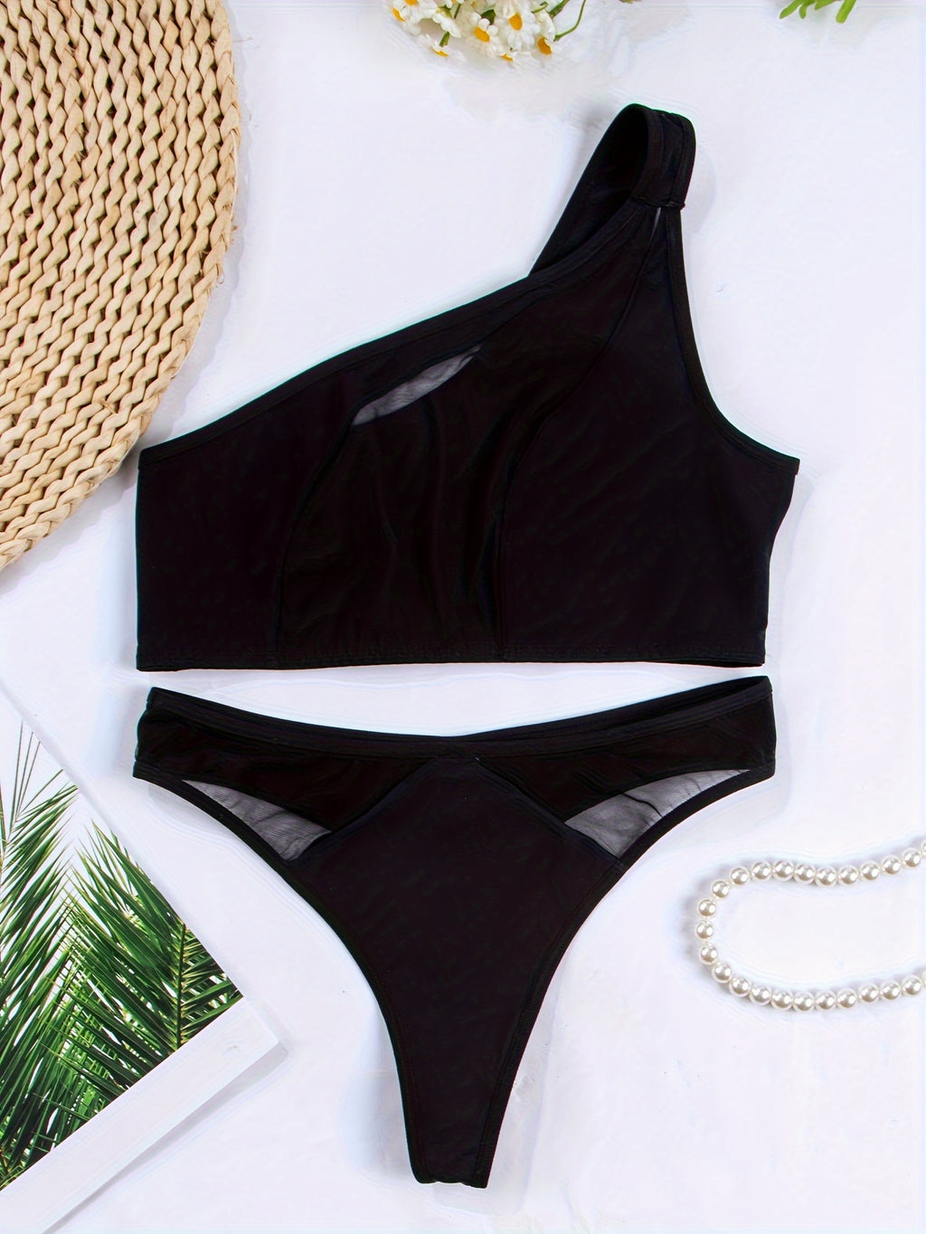 1 set, Women's mesh transparent off-shoulder bra set, matching sexy underwear